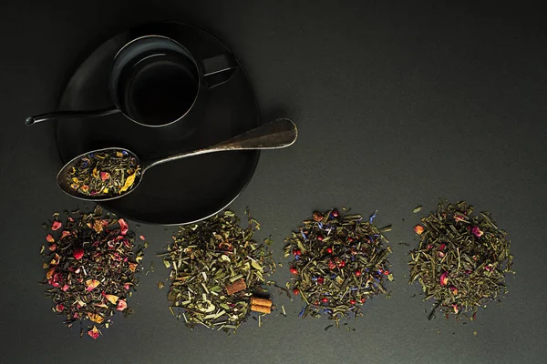 Dry Tea Herbs Collection Different Types Black Table — Stock Photo, Image