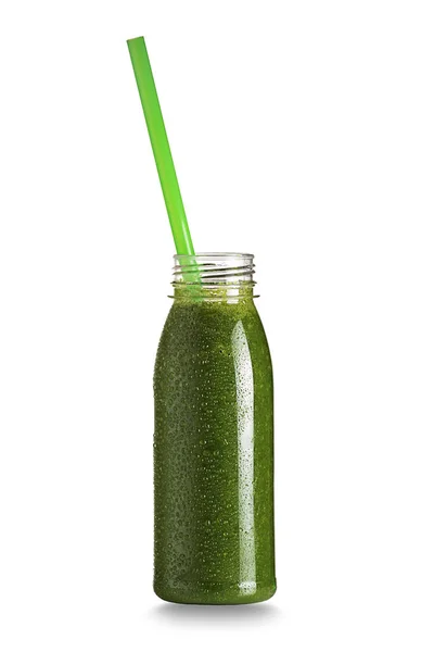 Μπουκάλι Πράσινο Υγεία Smoothie Άχυρο Που Απομονώνονται Λευκό Raw Vegan — Φωτογραφία Αρχείου