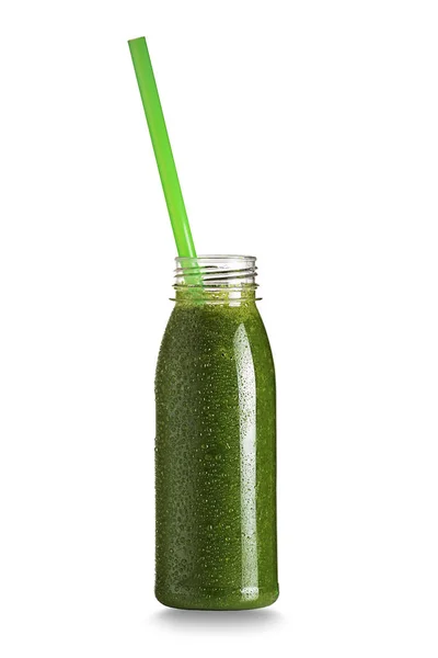 Bottle of green health smoothie with straw isolated on white. Raw, vegan, vegetarian, alkaline food concept. — Stock Image Bottle Green Health Smoothie Straw Isolated White Raw Vegan Vegetarian Stock Image
