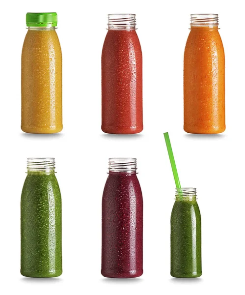 Collection Bottles Fresh Healthy Smoothie Vegetabls Fruits Raw Vegan Vegetarian — Stock Photo, Image