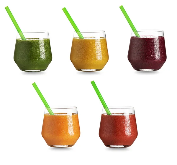 Collage Glass Fruit Health Smoothie Straw Isolated White Raw Vegan — Stock Photo, Image