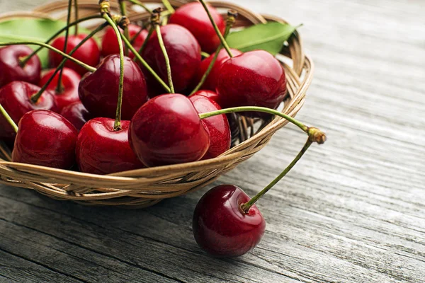 Fresh Red Cherries Basket Wooden Table Close — Stock Photo, Image