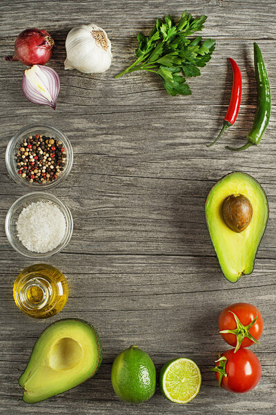 Ingredients for healthy meal with avocado- traditional Guacamole sauce