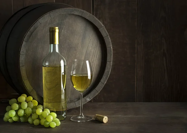 Bottle White Wine Cork Glass Wine Barrel Background Stock Picture