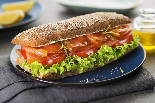 Sanduíche de salmão saudável com legumes — Fotografia de Stock