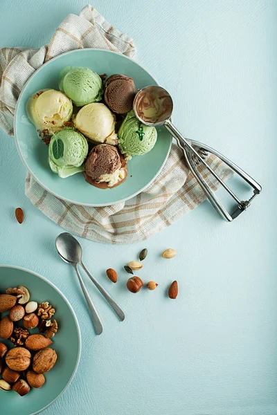 Set Soft Ice Cream Scoops Different Flavours Chocolate Nuts — Stock Photo, Image