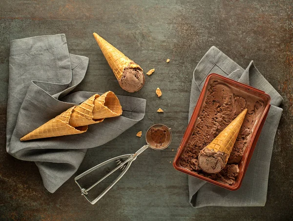 Chocolate Ice Cream Scoops Scooped Out Container Waffle Cones Silver — Stock Photo, Image