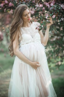 Hamile güzel kadın pembe elma bahçesinde poz beyaz elbise giyiyor