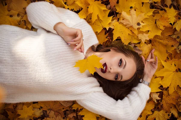 Mulher muito elegante com maquiagem de moda está deitado no tapete de folhas de bordo amarelo — Fotografia de Stock