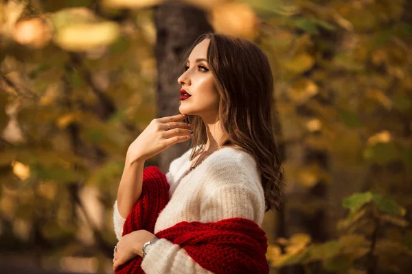 Bella Donna Con Trucco Moda Nel Parco Autunnale — Foto Stock