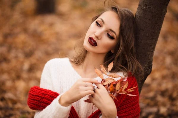 Mujer bonita con maquillaje de moda en el parque de otoño lleva bufanda roja —  Fotos de Stock