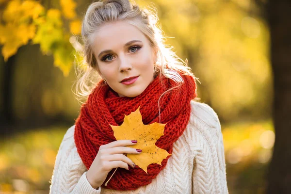 Mooie blonde meisje met boeket van gele esdoorn bladeren — Stockfoto