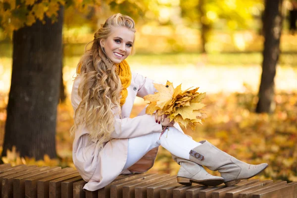 Menina loira bonita está sentada no parque com buquê de folhas de bordo amarelas — Fotografia de Stock