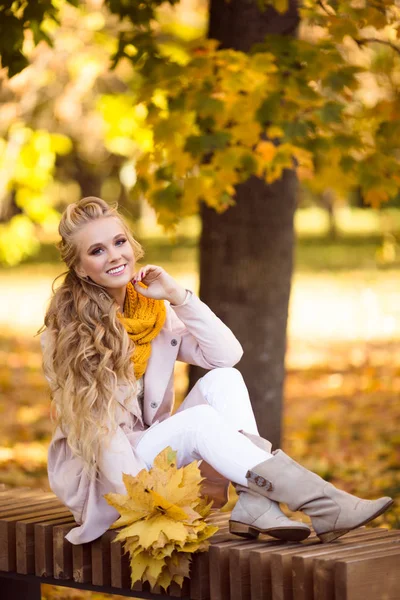 Chica rubia bonita está sentado en el parque con ramo de hojas de arce amarillo — Foto de Stock