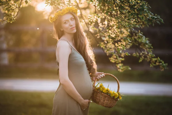 怀孕的漂亮女人穿着黄色蒲公英花环摆在夕阳灯, 春天的时间 — 图库照片