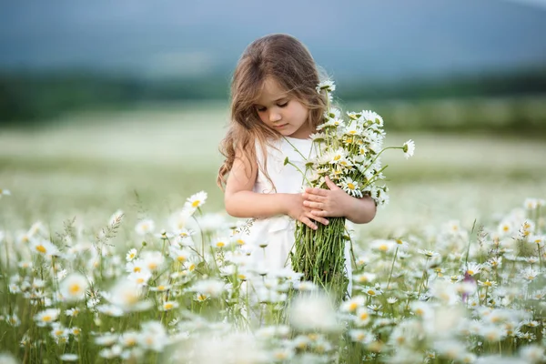 Schattig meisje met kamille bloemen boeket — Stockfoto