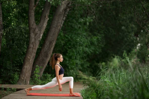 Pretty girl doing yoga and stretching outdoors in green park — Stock Photo, Image