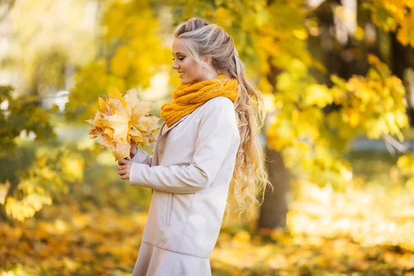 漂亮的金发少女走在秋天公园与黄叶 — 图库照片