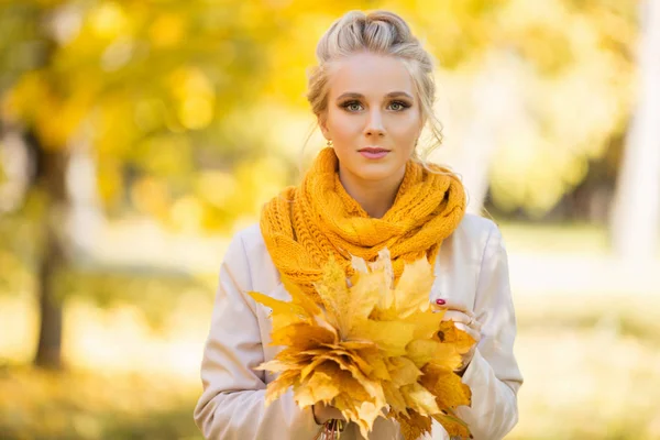 Retrato de chica adolescente rubia bonita está caminando en el parque de otoño con hojas amarillas —  Fotos de Stock