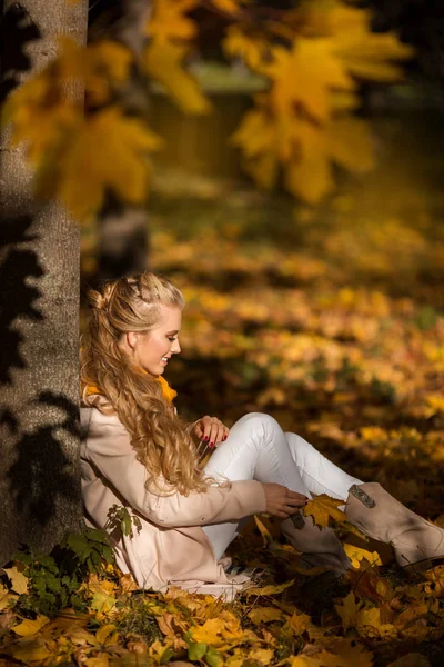 Porträtt av ganska Blond tonåring flicka sitter i höst Park nära träd med gula löv — Stockfoto