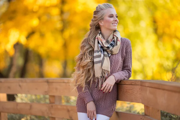 Feliz chica adolescente rubia bonita está usando suéter de moda caminando en el parque de otoño con hojas amarillas —  Fotos de Stock