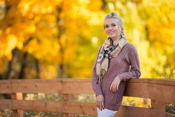 快乐漂亮的金发少女穿着时尚毛衣走在秋天公园与黄叶 — 图库照片