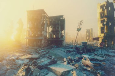 Kıyamet günbatımı şehir manzaralı, 3d render kavramı.