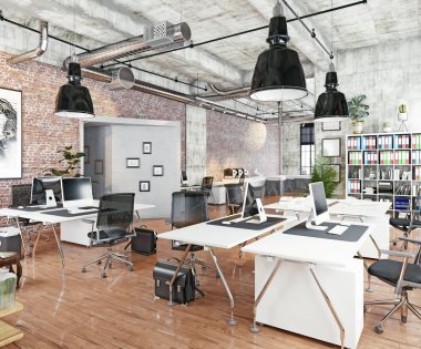 Detay modern coworking görünümünü çatı ofis, 3d render kavramı.