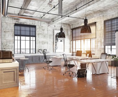 Modern coworking görünümünü gözlemleyerek çatı ofis, 3d render kavramı.