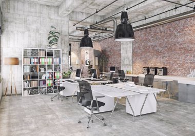 Modern coworking görünümünü gözlemleyerek çatı ofis, 3d render kavramı.