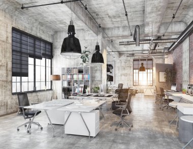 Modern coworking görünümünü gözlemleyerek çatı ofis, 3d render kavramı.