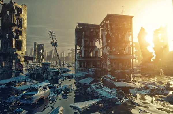 Apokalipszis Naplemente Városra Renderelés Koncepció — Stock Fotó