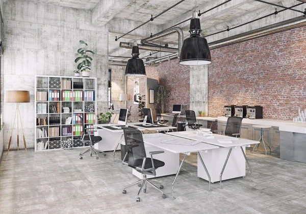 Osservando Vista Del Moderno Ufficio Loft Coworking Concetto Rendering — Foto Stock