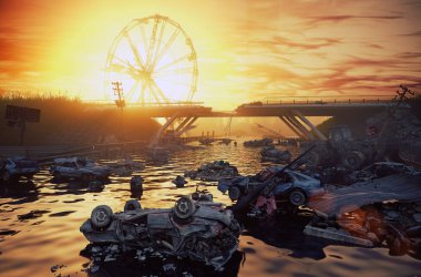 Kıyamet günbatımı manzara. 3D render kavramı