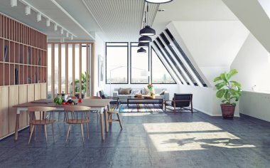 modern çatı tavan daire tasarım konsepti. 3D render illüstrasyon