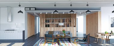 Modern loft daire tasarım konsepti. 3D render illüstrasyon