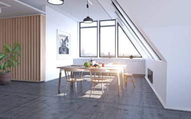 modern çatı tavan mutfak tasarım konsepti. 3D render illüstrasyon