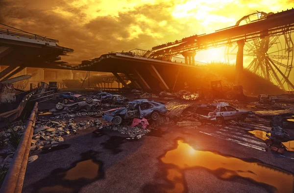 Apokalypse Sonnenuntergang Landschaft Rendering Konzept — Stockfoto