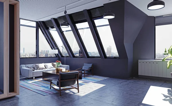 Modern Vindsvåning Loft Interiör Rendering Koncept — Stockfoto