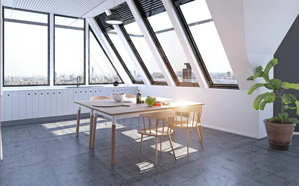 Moderne Loft Zolder Keuken Ontwerpconcept Rendering Illustratie — Stockfoto