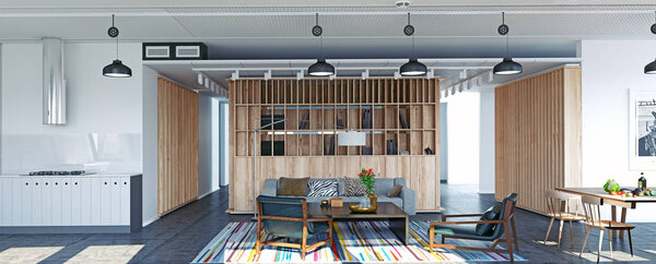 modern loft apartment design concept. 3d rendering illustration