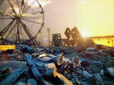 Kıyamet manzara günbatımı, 3d render kavramı