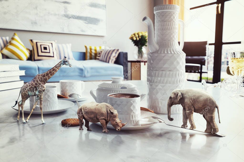 tiny african animals on coffee table, 3d rendering combination