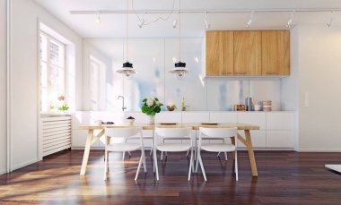 Modern mutfak iç mimarisi. 3d tasarım kavramı