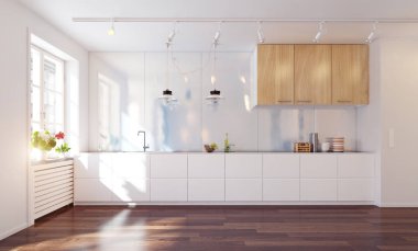 Modern mutfak iç mimarisi. 3d tasarım kavramı