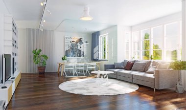 Modern oturma odası iç 3d render. Çağdaş tasarım konsepti