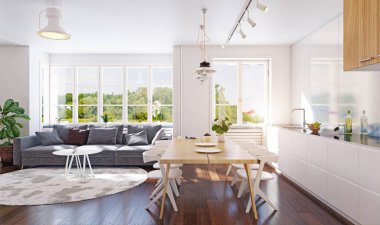 Modern mutfak iç mimarisi. 3d tasarım kavramı