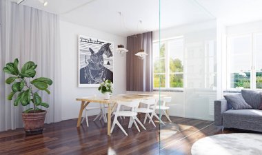 Modern yemek odası iç 3d render. Çağdaş tasarım konsepti