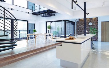 Luxury modern loft apartment interior. 3d rendering concept clipart