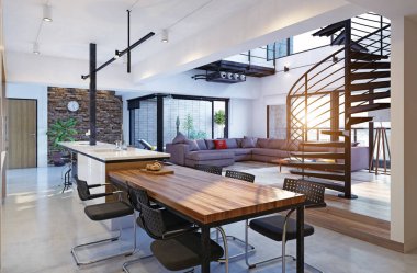 Lüks modern loft daire iç. 3D render kavramı